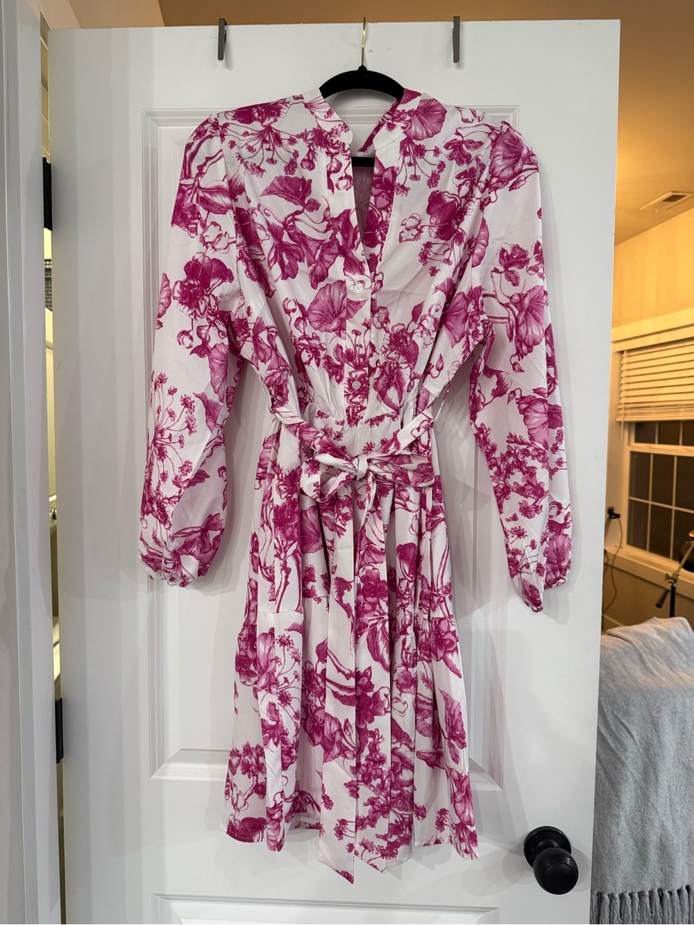 SHEIN White Dress with Pink Floral Print, Long Sleeve Tie-Waist